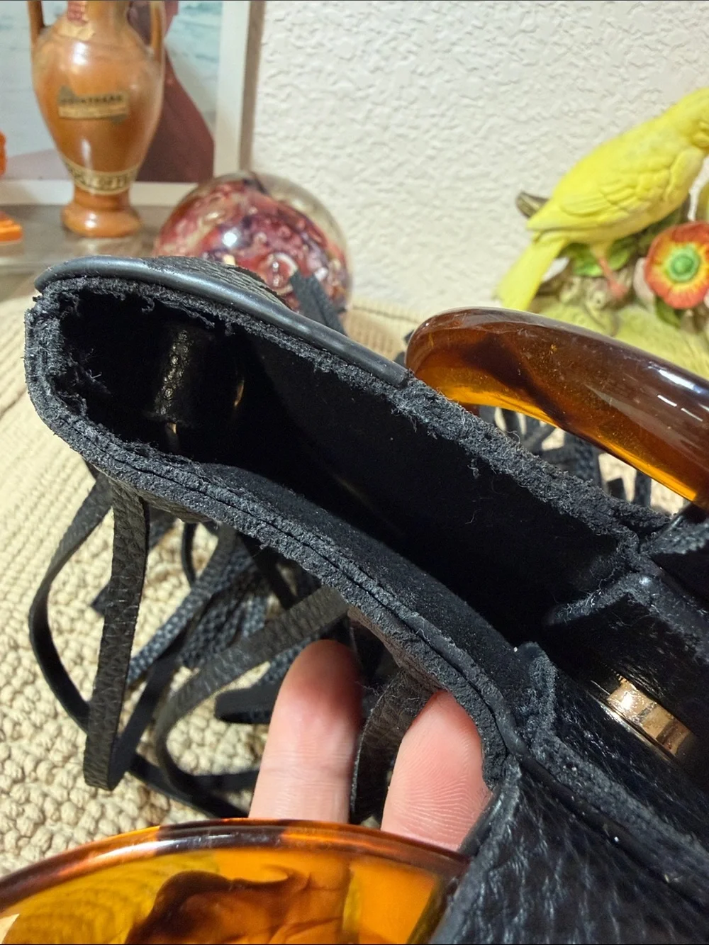 Black Fringed Wristlet with Amber Acrylic Ring Handle